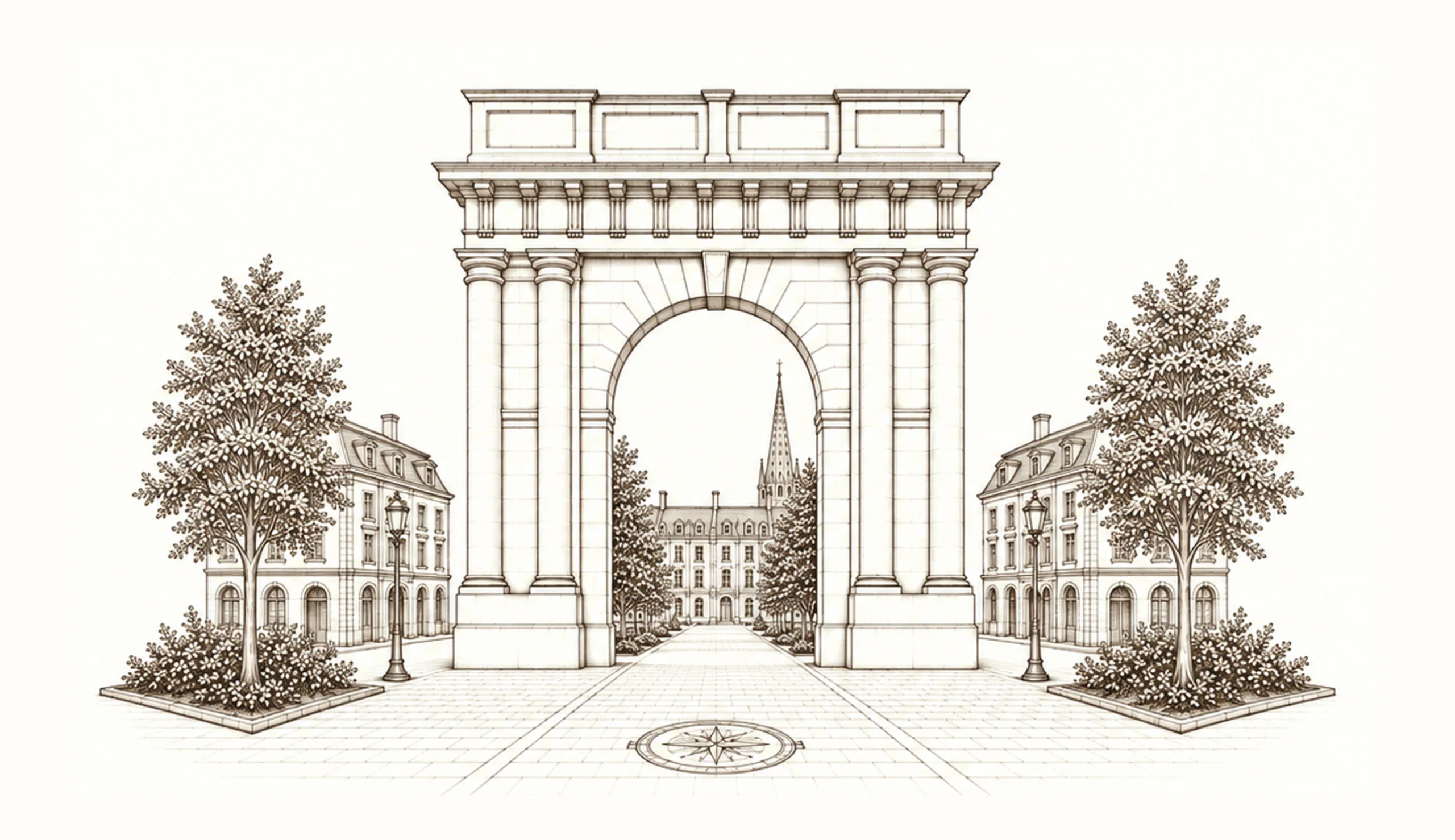 Engraved illustration of the gate as it appears on the label, with a church spire seen through the arch